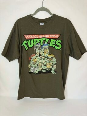 Screen Stars Olive Green Graphic Tee with Orange and Neon Green Print